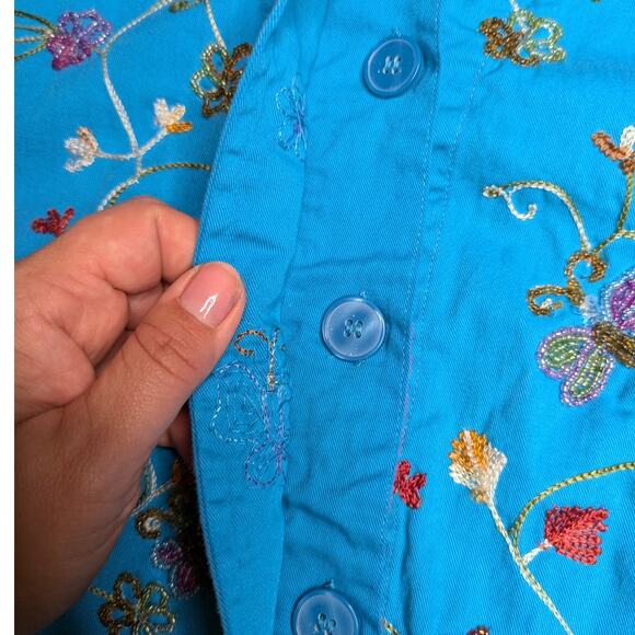 Vtg Y2K Quacker Factory Blue Floral Butterfly Embroidered Beaded Cotton Jacket S - Picture 4 of 5